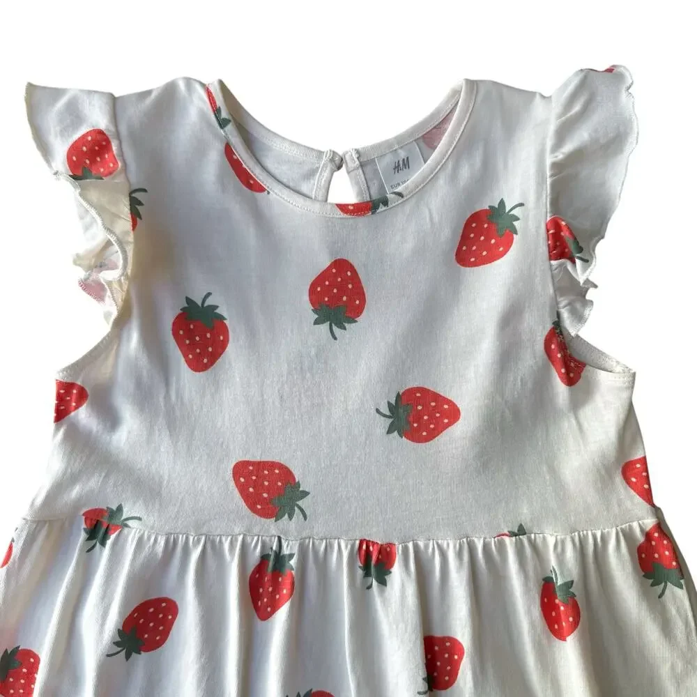 H&M Ruffle Trimmed Strawberry Print Dress, Size 4T, Creme